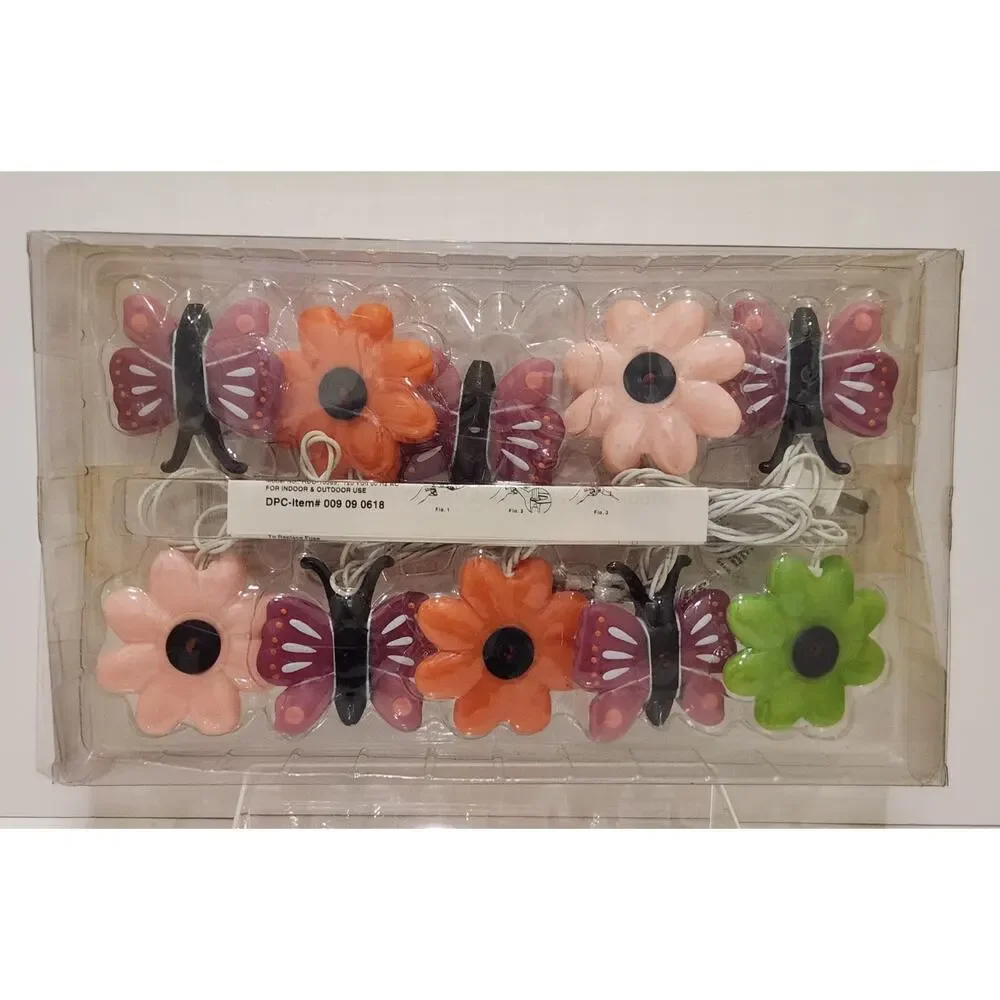 Vintage Butterfly & Flower Blow Mold String Lights Patio Indoor/Outdoor Set Of 2